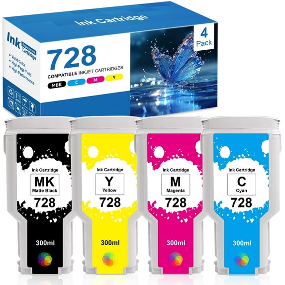 728 Ink Cartridges Combo Pack Replacement for 728 Ink 300ML Compatible for DesignJet T830 MFP & T730 Large Format Plotter Printers (4-Pack, Matte Black/Cyan/Magenta/Yellow)