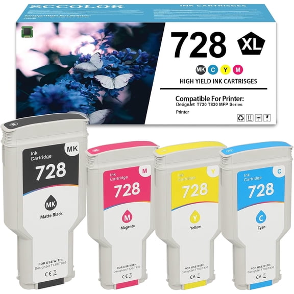 728 Ink Cartridges Compatible for 728 Ink Cartridge for F9J68A F9K17A F9K16A F9K15A DesignJet T830 MFP & T730 Large Format Plotter Printers (300-ml Matte Black,130-ml Cyan Magenta Yellow 4 Pack)