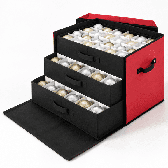 72Ball DrawerRed Adjustable Divider Ornament Storage Chest For 3" & 4" Holiday Decorations