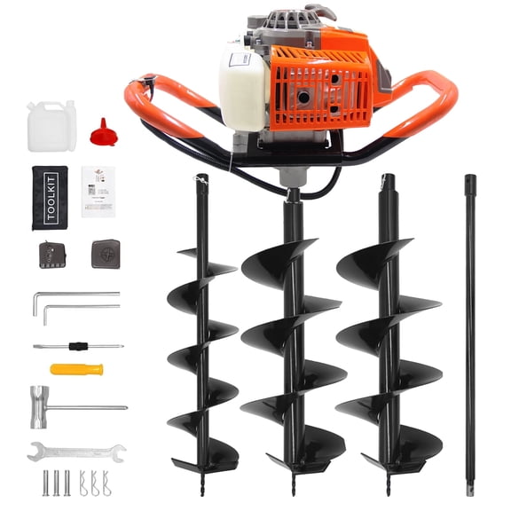 72CC Auger Post Hole Digger, 2 Stroke Gas Powered Earth Post Hole Digger with 2 Auger Drill Bits(6" & 8") + 1 Extension Rods for Farm Garden Plant