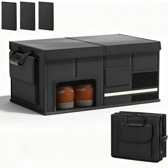 72L Collapsible Car Trunk Organizer with Cover,Multi-Compartment SUV Storage with Compartment for Shoes, Adjustable Straps & Foldable Cover, Portable Trunk Organizer for Groceries, Tools, Travel