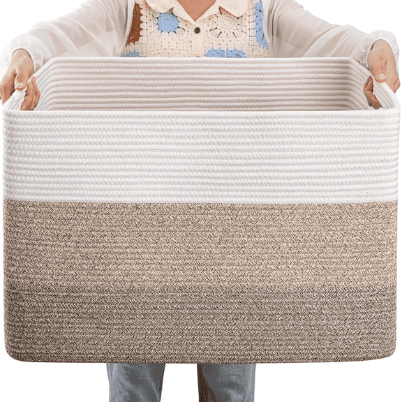 72L Large Blanket Basket(25"x16"),Large Blanket Basket for Organizing, Dog Toy Bin,baby laundry basket,Cotton Rope Blanket Basket for Living Room, Laundry, Nursery, Pillows (White and Brown)