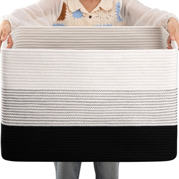75L Large Blanket Basket(25"x16"),Large Blanket Basket for Organizing, Dog Toy Bin,baby laundry basket,Cotton Rope Blanket Basket for Living Room, Laundry, Nursery, Pillows,Gradient Black