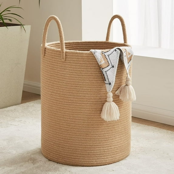 72L Large Woven Laundry Hamper, Tall Cotton Rope Storage Basket, Jute Baby Nursery Hamper for Blankets, Toys and Clothes in Bedroom and Living Room Organizing, Jute