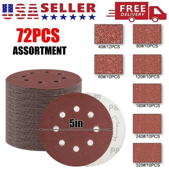 72PC 5" Sanding Discs 40 60 80 120 180 240 320 Grit Assorted Hook
