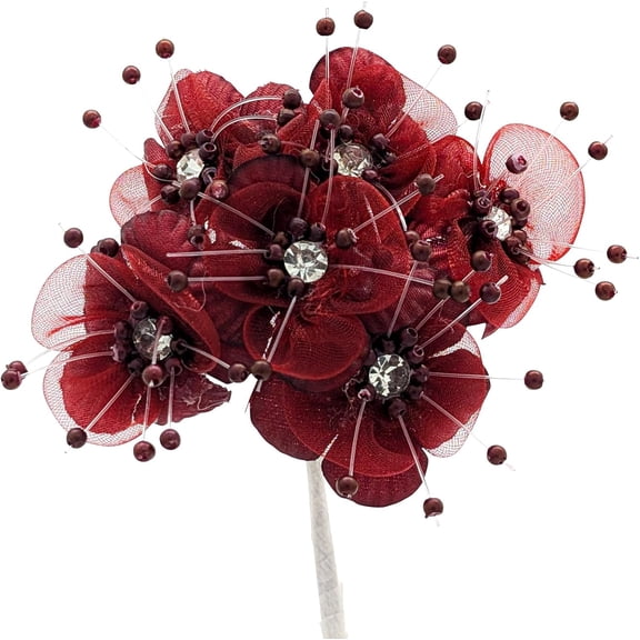 72PC Burgundy Artificial Organza Flower Rhinestone Pick for Home Craft Decor DIY Wedding Bridal Veil Headband Dress Cake Topper Embellishment Scrapbook Favor Corsage Floral Bouquet Arrangement