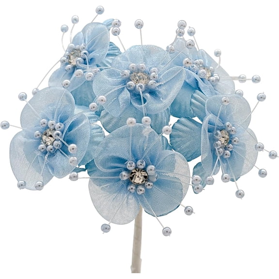 72PC Light Blue Artificial Organza Flower Rhinestone Pick for Home Craft Decor DIY Wedding Bridal Veil Headband Dress Cake Topper Embellishment Scrapbook Favor Corsage Floral Bouquet Arrangement