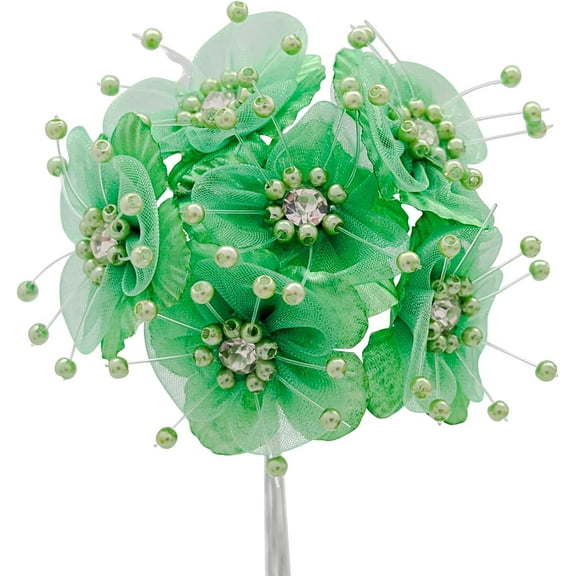 72PC Mint Green Artificial Organza Flower Rhinestone Pick for Home Craft Decor DIY Wedding Bridal Veil Headband Dress Cake Topper Embellishment Scrapbook Favor Corsage Floral Bouquet Arrangement