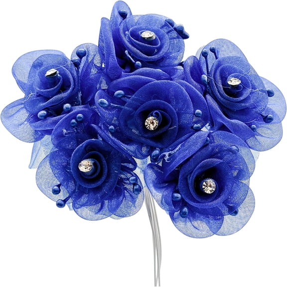 72PC Royal Blue Artificial Organza Rhinestone Craft Flower for Home Craft Decor DIY Wedding Bridal Veil Headband Dress Cake Topper Embellishment Scrapbook Favor Corsage Floral Bouquet Arrangement
