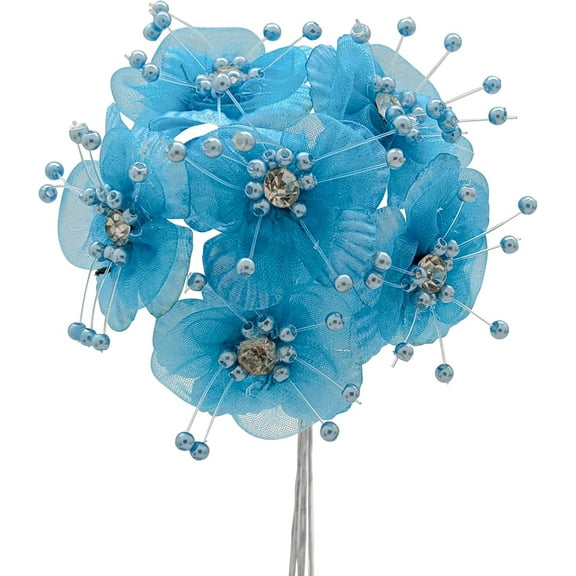 72PC Turquoise Artificial Organza Flower Rhinestone Pick for Home Craft Decor DIY Wedding Bridal Veil Headband Dress Cake Topper Embellishment Scrapbook Favor Corsage Floral Bouquet Arrangement
