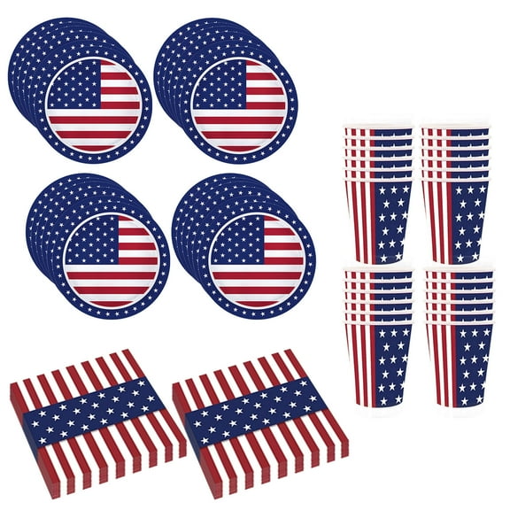 72PCS 4th of July Patriotic Disposable Tableware Set,24PCS Cups,24PCS Disposable Napkins,24PCS Plates,Independence Day American Flag Disposable Tableware Set for All Occasion Dinner Party Supplies