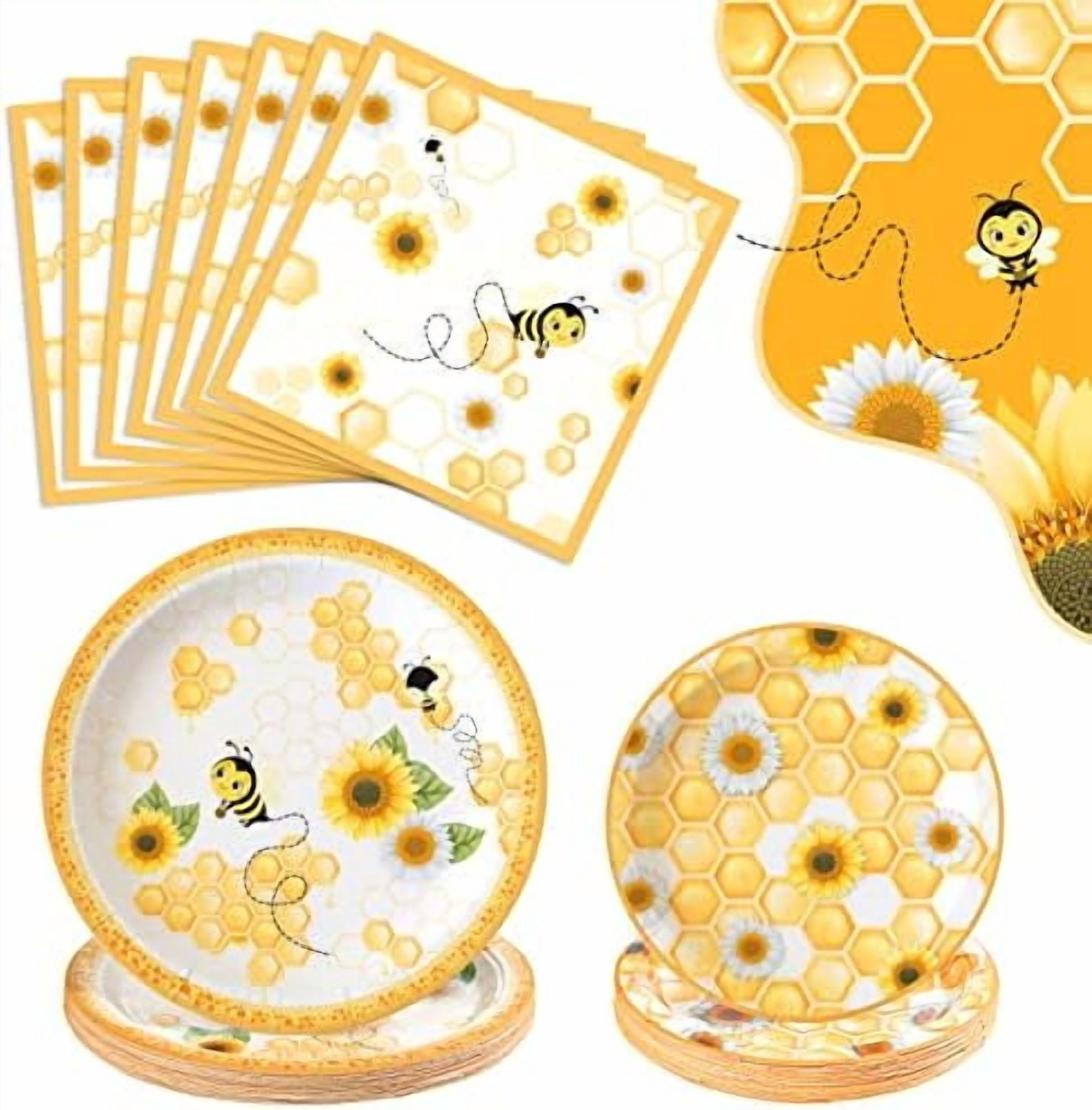 APOWBLS Bee 1st Birthday Party Supplies – Bumble Bee Theme Dinnerware Set For 24 Guests (Plates, Cups, Napkins, Forks)