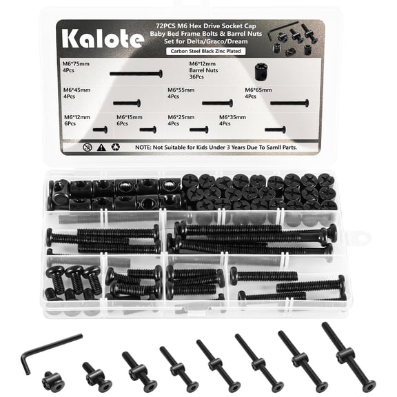 72PCS Crib Screws Hardware Replacement Kit, Baby Bed Frame Bolts & Barrel Nuts Set for Delta/Graco/Dream, Hex Drive Socket Cap Screws Barrel Nuts Set (M6*12mm/15mm/25mm/35mm/45mm/55mm/65mm/75mm)