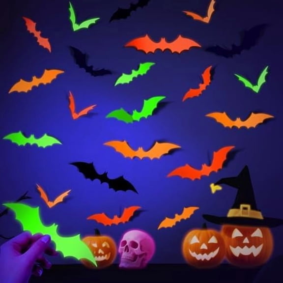 72PCS Glow Halloween Bats Decoration, 4 Different Size Glow in The Dark Party Supplies, Fluorescent 3D Paper Bat Stickers for Neon Party Decor DIY Wall Decal Indoor, Glow Halloween Party decor