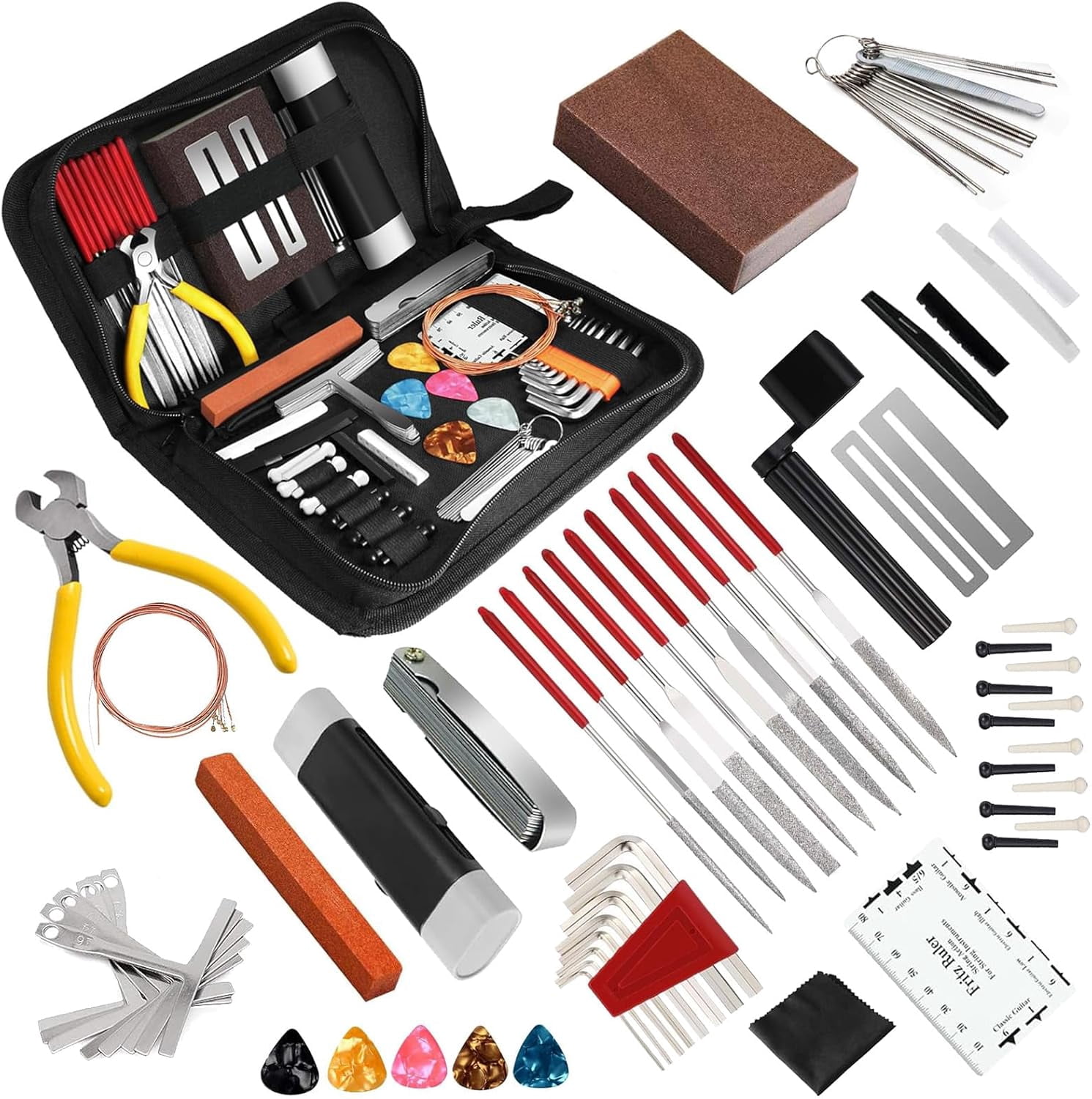 72PCS Guitar Tool Kit,Professional Guitar Repairing Maintenance Tool Kit with Guitar Strings Picks Bridge Pins Gauge Guitar Accessories Gifts for Acoustic Guitar Electric guitar Ukulele Bass Banjo
