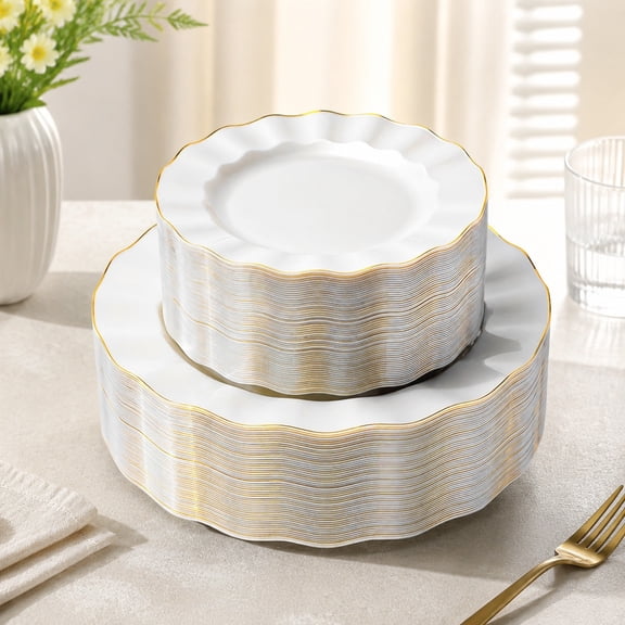 72PCS Pearl White Disposable Plastic Plates with Gold Rim, Heavy Duty Party Plates, 36 Dinner & 36 Dessert Plates for Weddings & Events