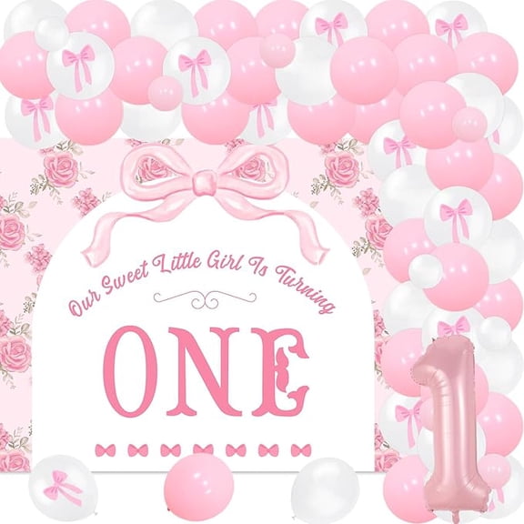 72PCS Pink Bow Princess 1st Birthday Decoration - Bow Garland Arch Kit Our Sweet Little Girl Is Turning One Backdrop Pink Bow Number 1 Foil Balloon for Baby Princess Girl 1st Birthday Party Supplies