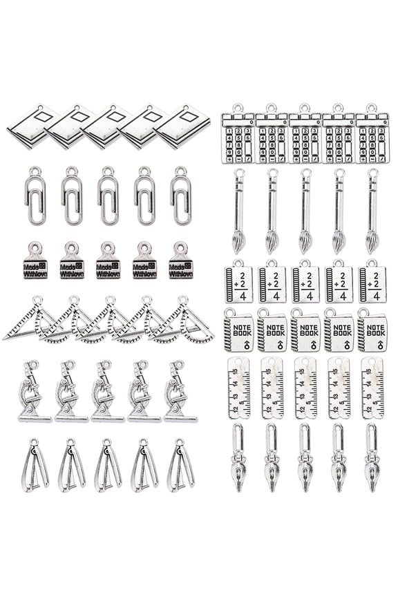 72Pcs 12 Styles Silver School Charms Study Charm Teacher Stationery Tibetan Alloy Book Pen Back to School Charm Bulk for Jewelry Making