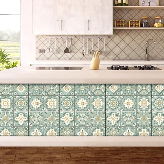 72Pcs 12 Styles Waterproof PVC Tile Stickers for Kitchen Bathroom Waterprrof Wall Tiles Square with Flower Pattern Dark Sea Green 100x100mm Handmade