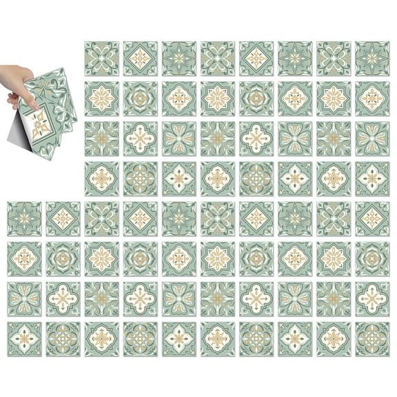 72Pcs 12 Styles Waterproof PVC Tile Stickers for Kitchen Bathroom Waterprrof Wall Tiles Square with Flower Pattern Dark Sea Green 100x100mm