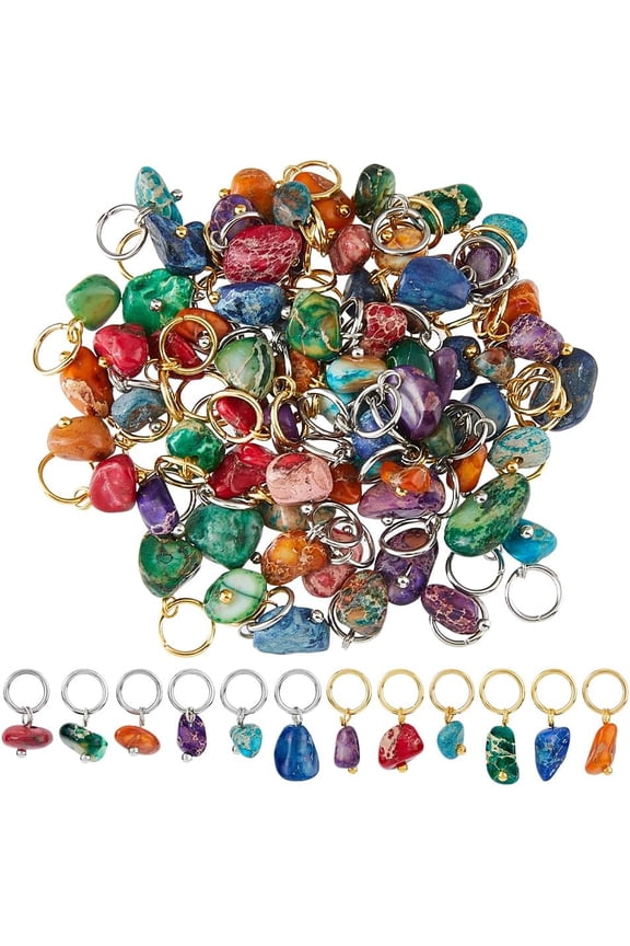 72Pcs 12Styles Natural Stone Pendants Mixed Gemstone Charms with 2 Colors Stainless Steel Jump Ring Gemstone Pendants for Earring Necklace Bracelet Jewelry Making 1.5~2cm