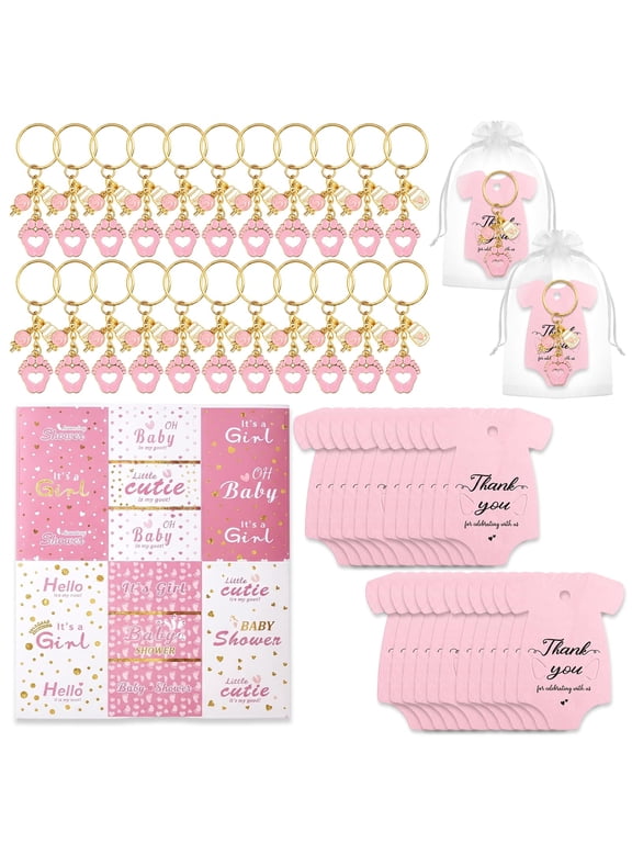 72Pcs/24Sets Pink Footprint Keychain Baby Shower Party Favors for girl, Baby Shower Gifts for Guest, Metal Keychains with Organza Bags and Thank You Tags, Ideal for Girl Baby Shower, Party Decoration