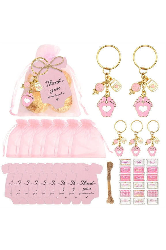 72Pcs/24Sets Pink Footprint Keychain Baby Shower Party Favors for girl, Baby Shower Gifts for Guest, Metal Keychains with Organza Bags and Thank You Tags, Ideal for Girl Baby Shower, Party Decoration