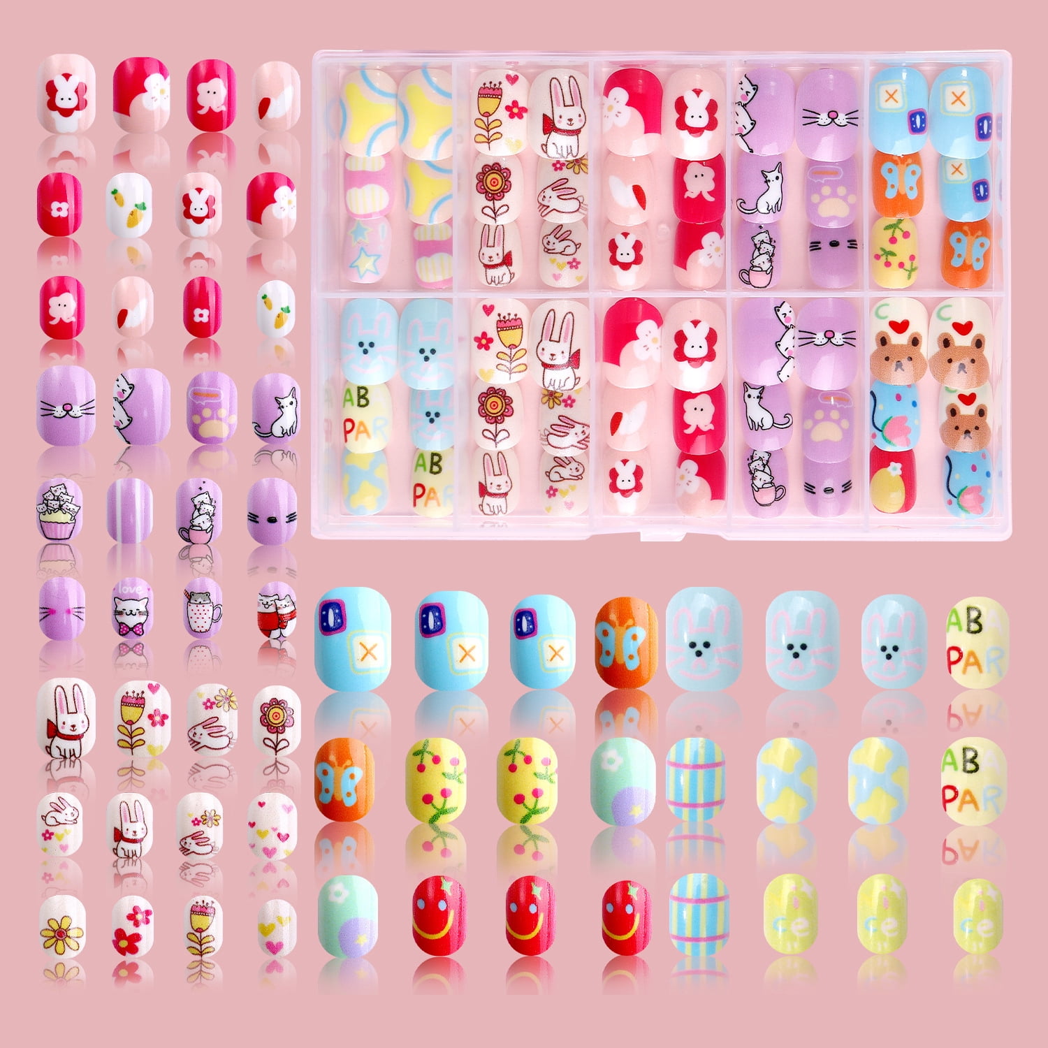 72Pcs 3 Pack Press on Nails for Kids Children Acrylic Fake Nails Pre-glue Full Cover Glitter Gradient Color Rainbow Candy Short False Nail Art Kits Sets Valentines Day Gifts for Kids Girls（kid 8）