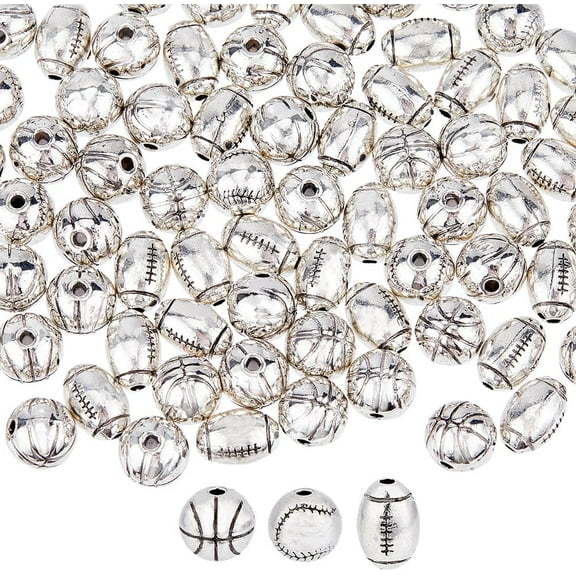 72Pcs 3 Styles Baseball Beads Alloy Sports Beads Basketball Beads Rugby Beads Silver Loose Spacer Beads for Necklace Bracelet Earring DIY Jewelry Making