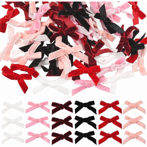 72Pcs 6 Color Velvet Coquette Bows Decor Mini 1.18x2.17 Inch Colorful Pink Bowknot Bulk Hair Decoration Costume Tiny Ribbon Flowers Accessories
