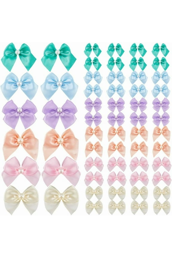72Pcs 6 Colors 2.5x1 Inch Mini Satin Ribbon Mini Pastel Bows Small Colorful Tiny Bowknot with Peal Gift Box Rainbow Ornament Decoration for DIY Cheer Pins Clothespins Hair Accessories Multi-color