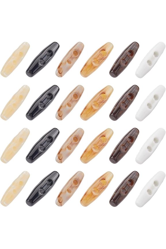 72Pcs 6 Colors Acrylic Toggle Buttons 1.6x0.5 2 Holes Horn Olive Shape Sweater Coats Buttons Replacement for DIY