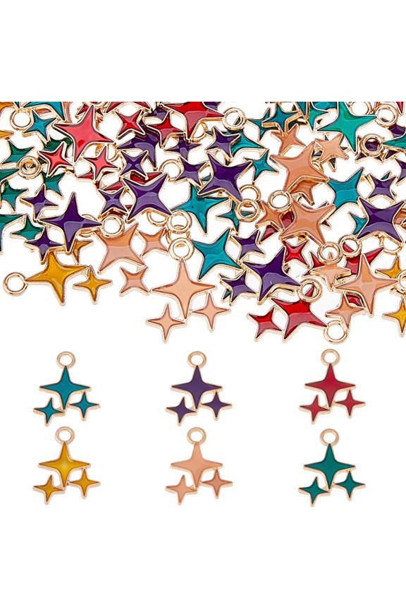 72Pcs 6 Colors Alloy Enamel Conjoined Star Charm 4 Point Star Charms Light Gold Planet Stars Charms 18x14mm Small Celestial Charm