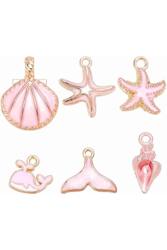 72Pcs 6 Styles Alloy Enamel Pendants Golden Conch/Starfish/Shell Shape Pink 12.5~25.5x9~19.5x1.5~7.5mm Hole: 1.2~4mm 12pcs/style