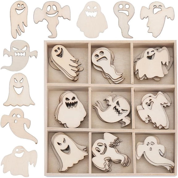 72Pcs 9 Styles Wooden Ghost Shape Wood Halloween Cutouts Natural Unfinished Blank Holiday Ghosts Spooky Horror Small Decorations Slices Hanging Ornaments for DIY Crafts Party Decor Supplies