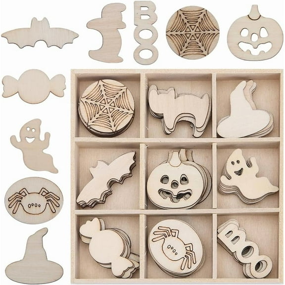 72Pcs 9 Styles Wooden Shapes Wood Cutout Holiday Natural Unfinished Blank Ghosts Pumpkins Cat Hat Bat Spider Candy Slices Hanging Ornaments DIY