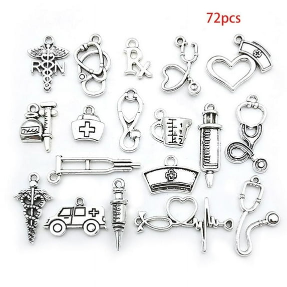 72Pcs Antique Silver Nurse Charms Stethoscope Pendant DIY Jewelry Making Crafts