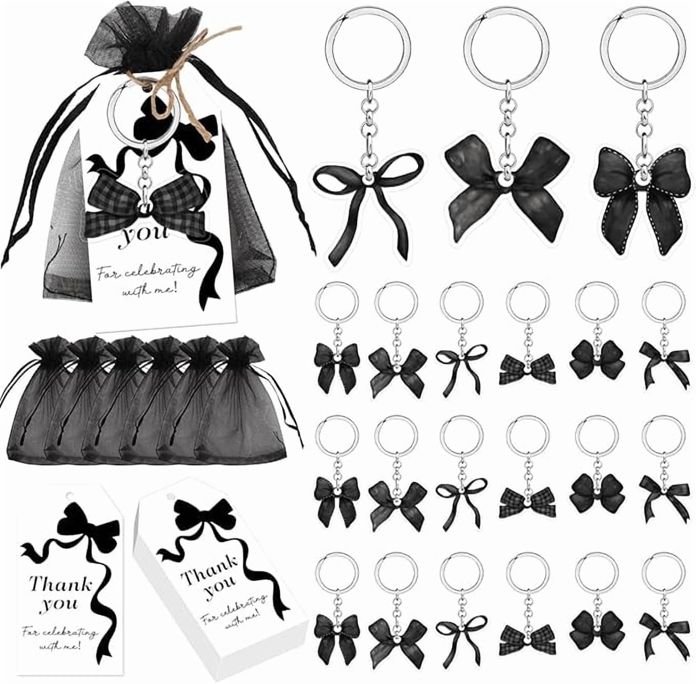 72Pcs Black Bow Party Favors Black Bow Key Chains Thank You Tags Bow Theme Keychains Gift Organza Bags for Girl Birthday Bachelorette Baby Shower Bridal Shower Party Supplies