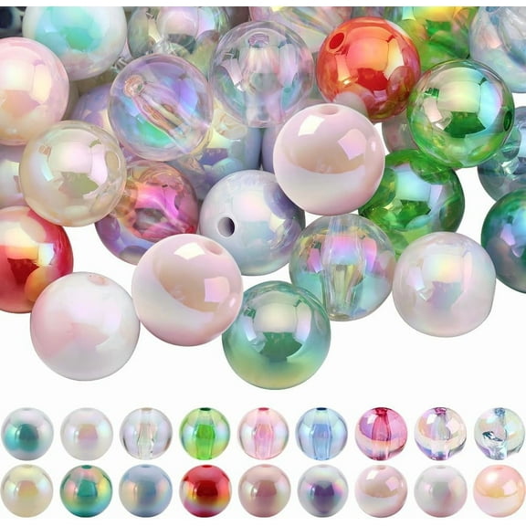 72Pcs Bubblegum Beads Bulk 16mm Round Beads Chunky Bead Transparent AB Color Iridescent Beadable Pen Beads Opaque Rainbow Bead Garland Loose Beads for Jewelry Making Beading Kits for diy making