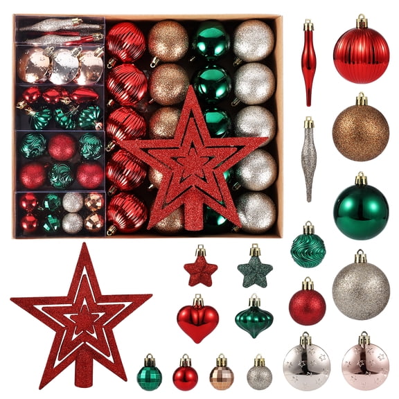 72Pcs Christmas Balls Ornaments, Muti-Size 2.4" 1.6" 1.4" Xmas Hanging Balls Christmas Tree Decorations for New Year Party Home Holiday Decoration, Multi-Styles, Red Green & Brown