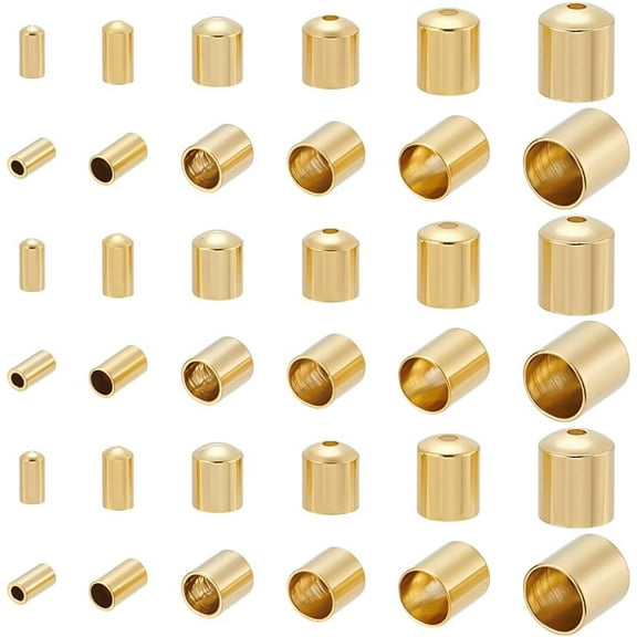 72Pcs Cord End Cap 6 Style End Cap 24K Gold Plated Brass Tube Crimp Bead Small Barrel End Tip Terminators Bead Cap DIY