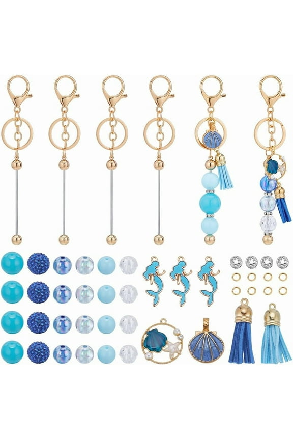 72Pcs DIY 6 Sets Beadable Keychain Kit Blue Resin Rhinestone Large Beads 20mm Bubblegum Beads Keychain Bars Blanks Enamel Sea Shell Charms Interchangeable Key Chain Set for Women