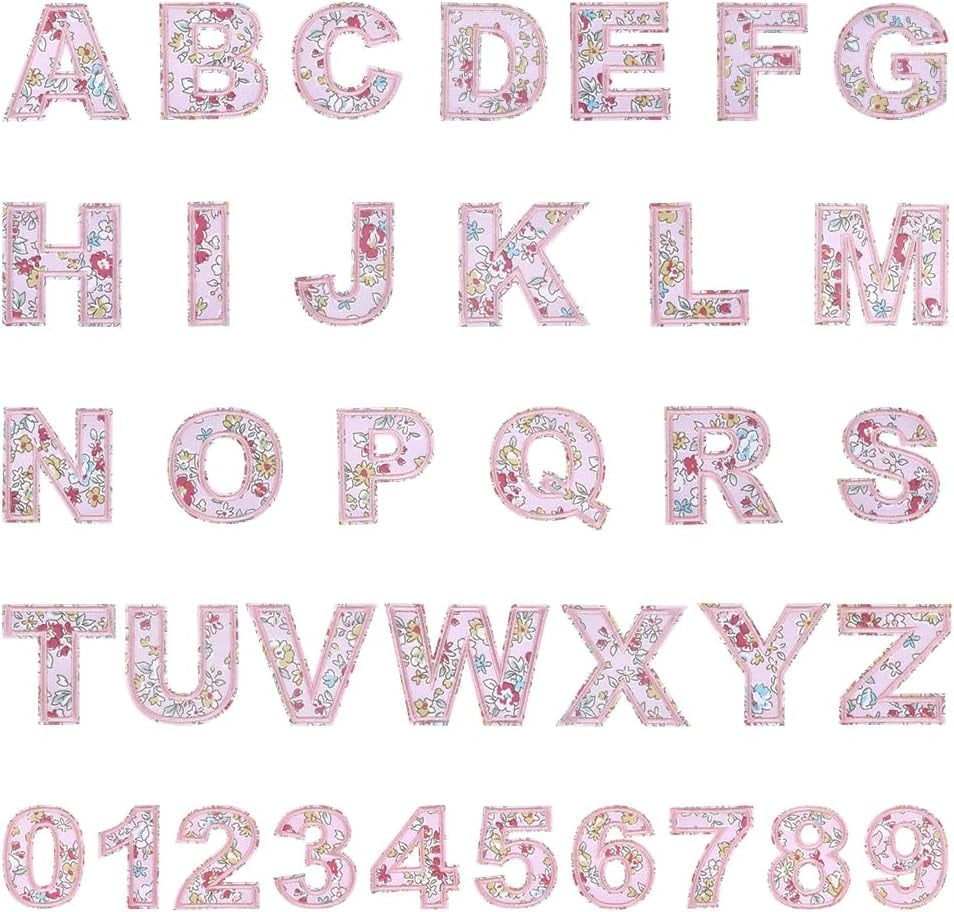 72Pcs Iron on Letters and Numbers Embroidered Patch 2 Styles Polyester Embroidery Sew on Patches Appliques Alphabet A-Z Numbers 0-9 Costume Accessories for Clothing Hats Jeans Bags Pink Pink