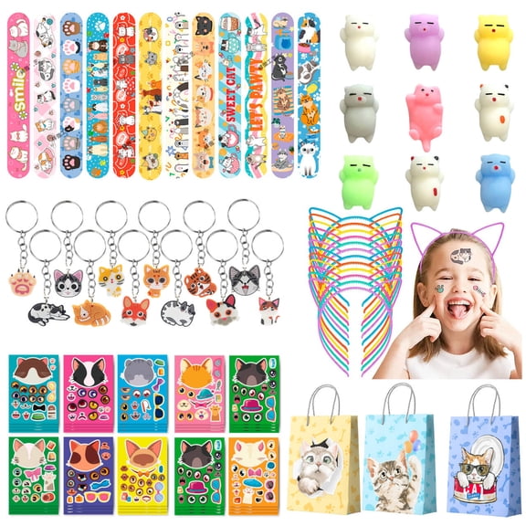 72Pcs Kitty Party Favors Set Cat Goodie Bags, Ears Headbands, Stickers, Keychains, Slap Bracelets & More, Cat Supplies for Cat Birthday Party Decor