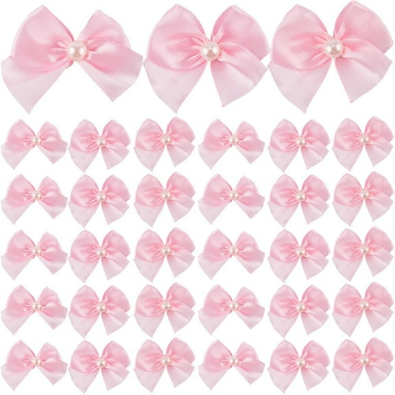 72Pcs Pink Coquette Bows Decor Valentine Bowknot Bows 1 Inch Mini Imitation Pearls Fabric Ribbon Flowers Accessories DIY