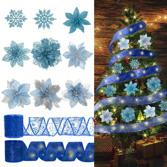 72Pcs Poinsettia Christmas Flowers Decorations with Christmas Ribbon, 9 Styles Glitter Artificial Poinsettia Christmas Tree Ornaments, for Xmas Tree Wreath Garland Holiday Decor, Blue
