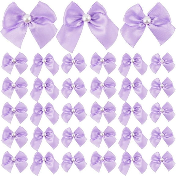 72Pcs Purple Bowknot Lilac Coquette Bow 1 Inch Small Fabric Clothes Elegant Plastic Pearl Birthday Party Ornament Mini Ribbon Bows for Hair Sewing Appliques DIY Crafts Bag Bottle Gift Decor