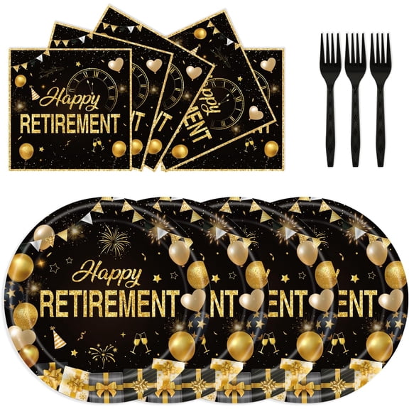 72Pcs Retirement Plates and Napkins, Black Gold Happy Retirement Party Decorations Paper Plates and Napkins with Forks Disposable Tableware Set for Men Women