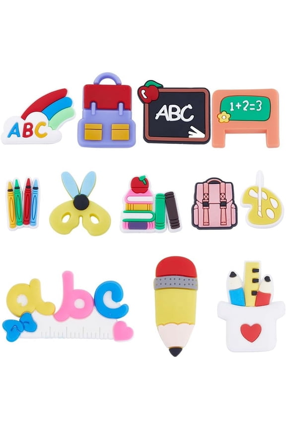 72Pcs School Shoe Charms Teacher Shoe Charms Bulk Flat Back PVC Shoe Charm Chalkboard Letter ABC Scissors Flatbacks Pencil Backpack Shoe Decoration Charms for DIY Crafts Phone Case Ornament DIY