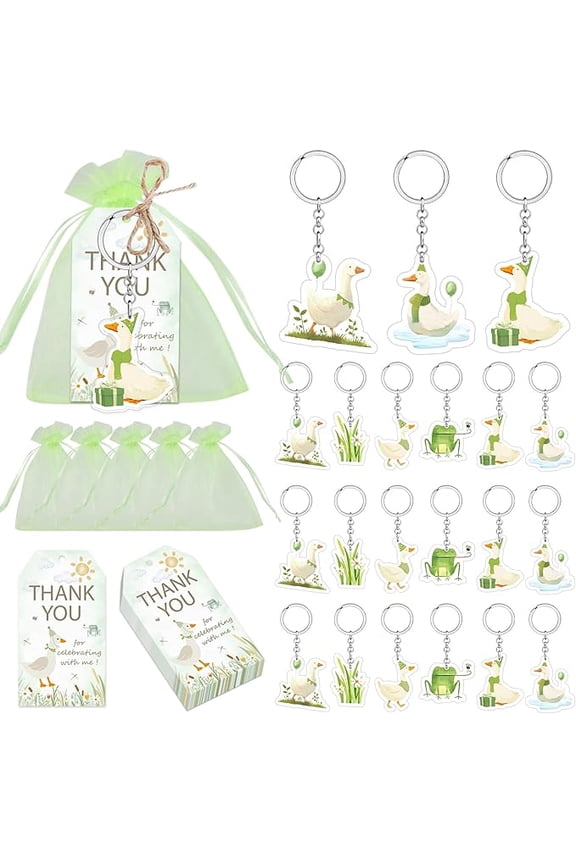 72Pcs Silly Goose Keychain Party Favors Goose Gift Favors Bags Filler Goose Keychains Thank You Tags Green Organza Bags for Kids Goose Baby Shower Birthday Party Funny Gifts Classroom Prizes